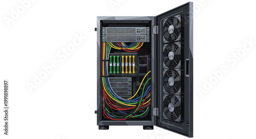 An open server tower cabinet displays internal cooling fans and a complex web of vibrant multi-colored ethernet cables organized within the metal frame.