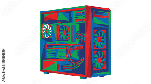 A computer tower is depicted in a colorful, low-poly geometric style with visible cooling fans and internal hardware components in a white environment.