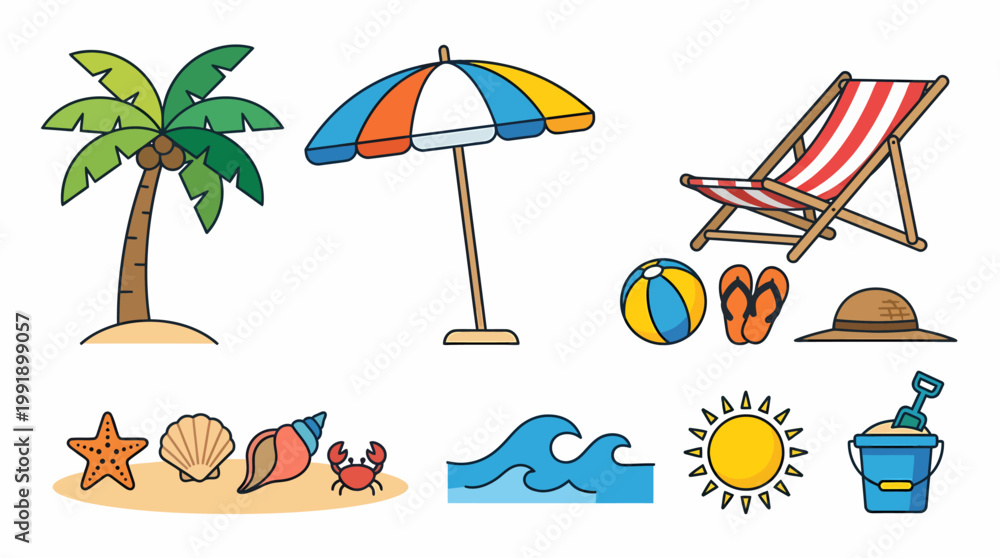 Naklejka premium Colorful Hand Drawn Summer Beach Vacation Elements Collection.