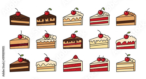 Collection of diverse delicious cake slices with cherries on top.