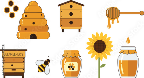 Beekeeping and Honey Production Icon Set Featuring Beehive Honeycomb Jar Dipper Bee Sunflower and Apiary Elements for Organic Farming and Natural Food Design.