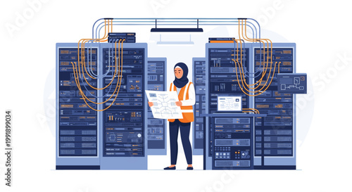 A professional woman wearing a hijab and safety vest meticulously reviews a technical diagram inside a server room filled with racks and orange cabling.