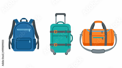 Collection of travel bags including a backpack, suitcase, and duffel bag.