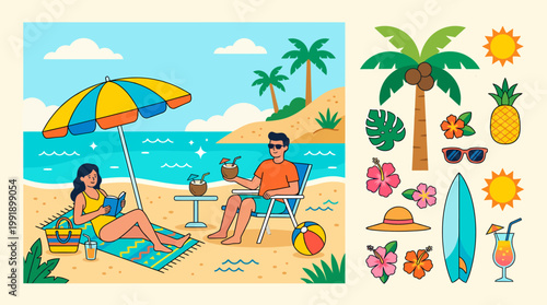 Couple relaxing on a tropical beach with summer vacation elements.