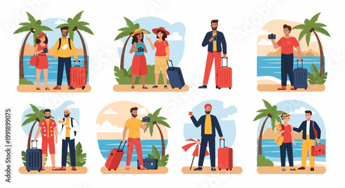 Diverse couples and solo travelers with luggage ready for vacation.