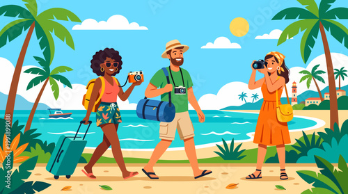 Diverse group of friends enjoying a tropical beach vacation.