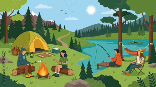 Friends enjoying a camping trip by the lake, fishing and roasting marshmallows.