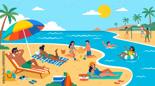 People enjoying a vibrant summer day at the beach.