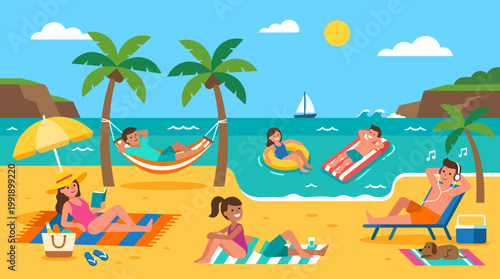 People enjoying a relaxing summer day at the beach.