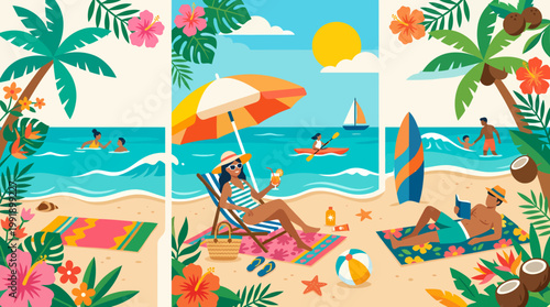 People enjoying a relaxing summer day at the beach with an umbrella and palm trees.