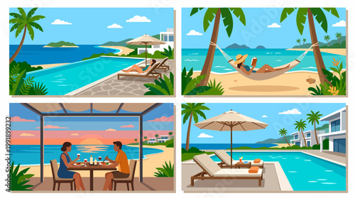 People enjoying luxurious tropical beach resort vacations.