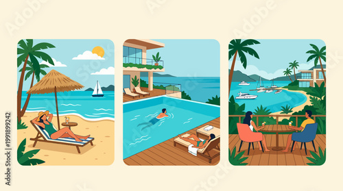 People enjoying various leisure activities at a tropical beach resort.