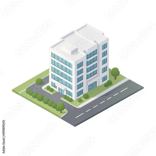 Modern office building isometric illustration with street and green landscape