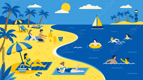 People enjoying various leisure activities on a vibrant beach.