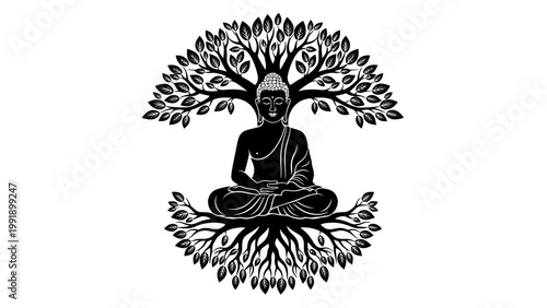 Meditating buddha silhouette under tree symbol of peace and enlightenment
