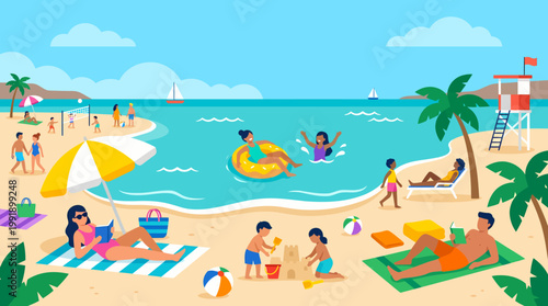 People enjoying various summer activities on a vibrant beach.