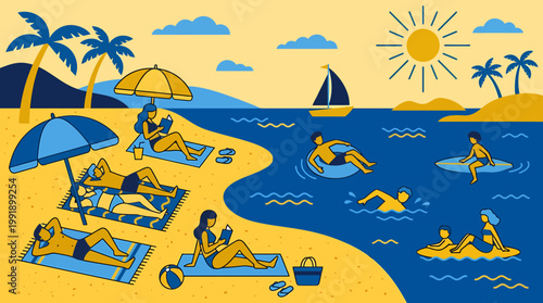 People enjoying various leisure activities on a sunny beach.