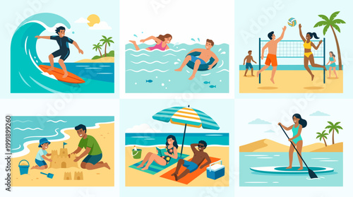 People enjoying various summer beach activities and water sports.