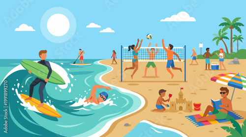 People enjoying various summer beach activities under a bright sun.