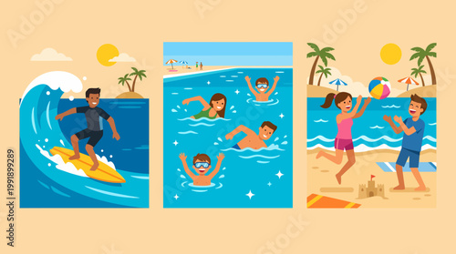 Summer Beach Activities - Surfing, Swimming, and Playing.