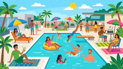 Pool Party Celebration - People Enjoying Summer Fun and Relaxation.