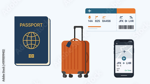 Travel Essentials - Passport, Suitcase, Ticket, and Mobile Phone for Trip.
