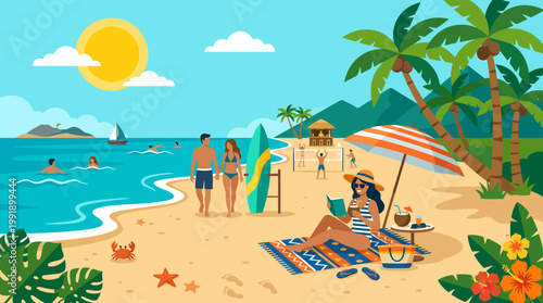 Woman relaxing on a beach towel under an umbrella.