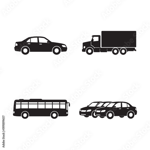 Minimalist black vehicle icon set compact car truck SUV van silhouettes collection.