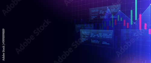 Futuristic data visualization with dynamic graphs and charts showcasing financial trends in vibrant colors and sleek design.