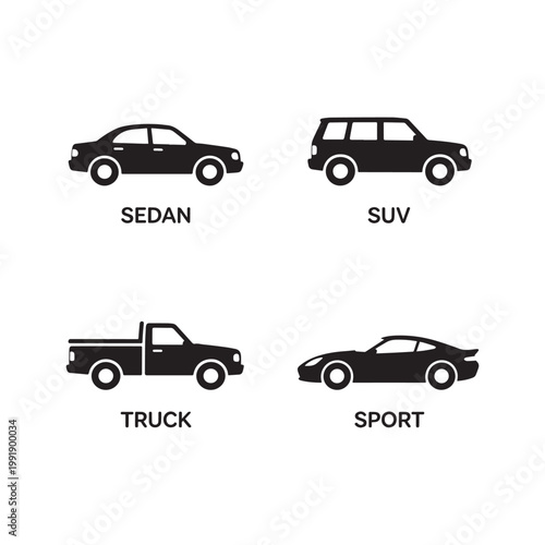 Minimalist black vehicle icon set compact car truck SUV van silhouettes collection.