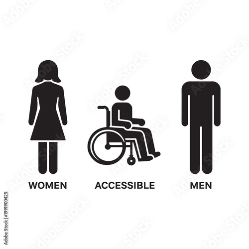 Restroom signage icons set women men accessible wheelchair symbols minimalist design.