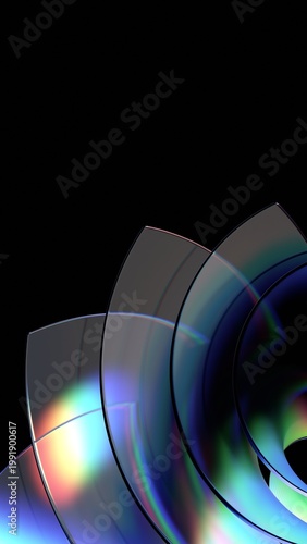 Abstract glass shape with colorful reflections, vertical 3d render