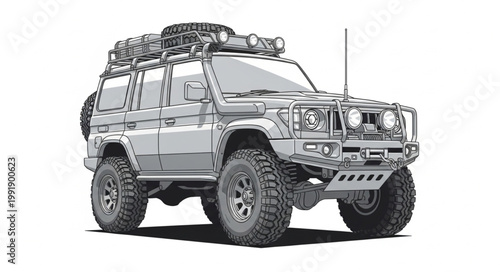 Rugged off road vehicle with adventure gear on roof rack.