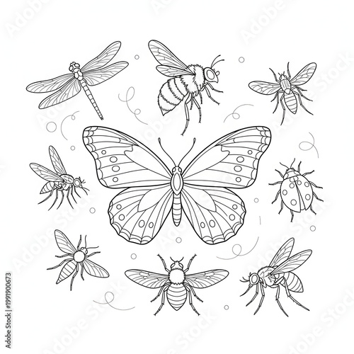 Black and white illustration of various flying insects  butterfly and many types of flies transparent background