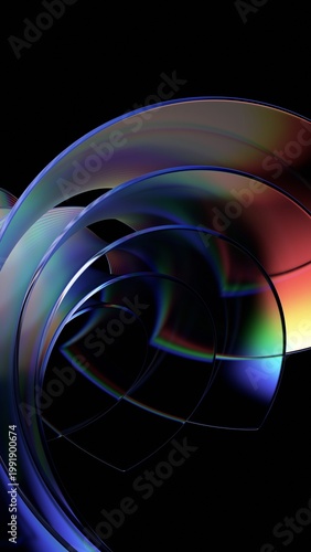 Abstract iridescent glass curved shapes on a black background, vertical 3d render
