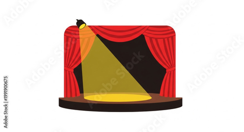 Stage spotlight illuminating a theater stage with red curtains.
