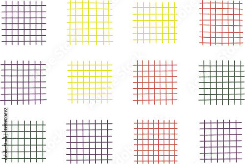 Pastel grid notebook paper set, crayon drawn checkered patterns, hand sketched plaid backgrounds for creative design, stationery texture and abstract artistic composition.