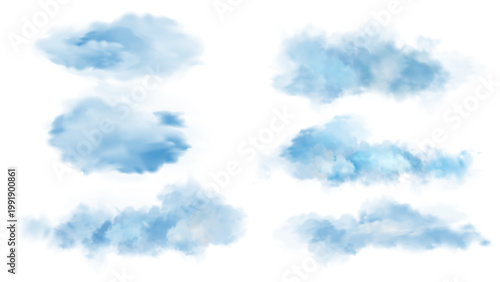 Blue realistic cloud set, fluffy clouds floating isolated cumulus, soft wispy atmosphere effect