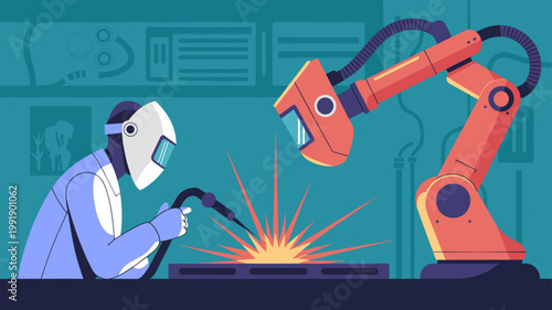 Human welder and robotic arm working together in industrial manufacturing process