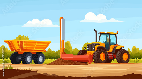 A vibrant cartoon illustration of construction equipment, including a grader and a dump truck, outdoors
