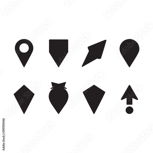 Set Of Black Location Target Map Pin Geo Target Navigation Arrow Icons.