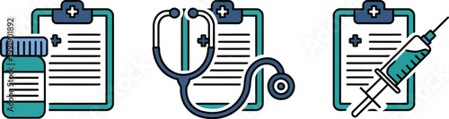 Patient report card icons, clipboard and medical history symbols, isolated vector color images for healthcare documentation, hospital records and clinical data management design.