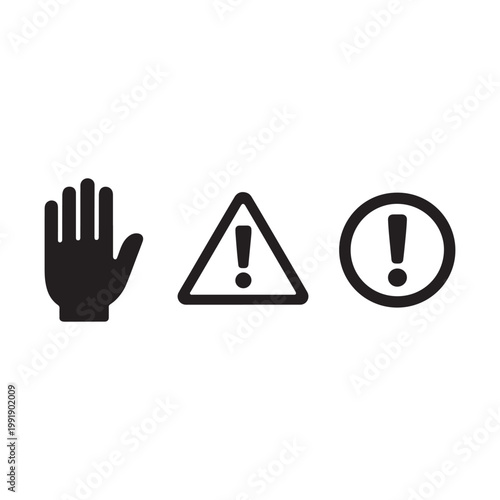  Silhouette Octagonal Stop Sign and White Hand Symbol Safety Icon Set.