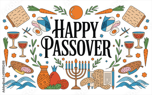 Colorful passover greeting with matzah, wine, and seder plate