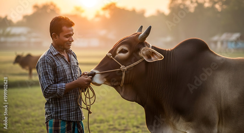 A farmer gently holds the rope of a large bull in a field at sunrise.