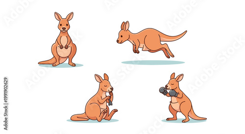 Cute Kangaroo Mascot Set with Boxing and Jumping Poses