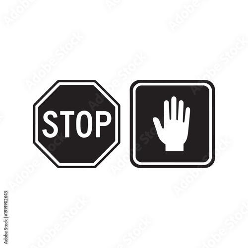  Silhouette Octagonal Stop Sign and White Hand Symbol Safety Icon Set.