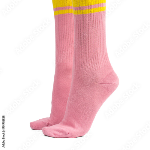 A cozy and comfortable photo of women's feet in soft socks. Colorful cotton socks.