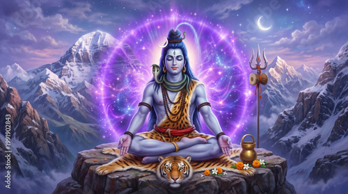 Lord shiva meditating in himalayas with glowing aura spiritual leader hinduism
