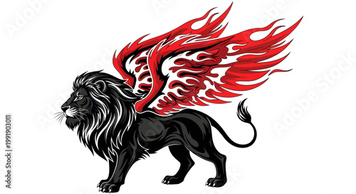 Majestic winged lion illustration with fiery red wings against a clean white backdrop